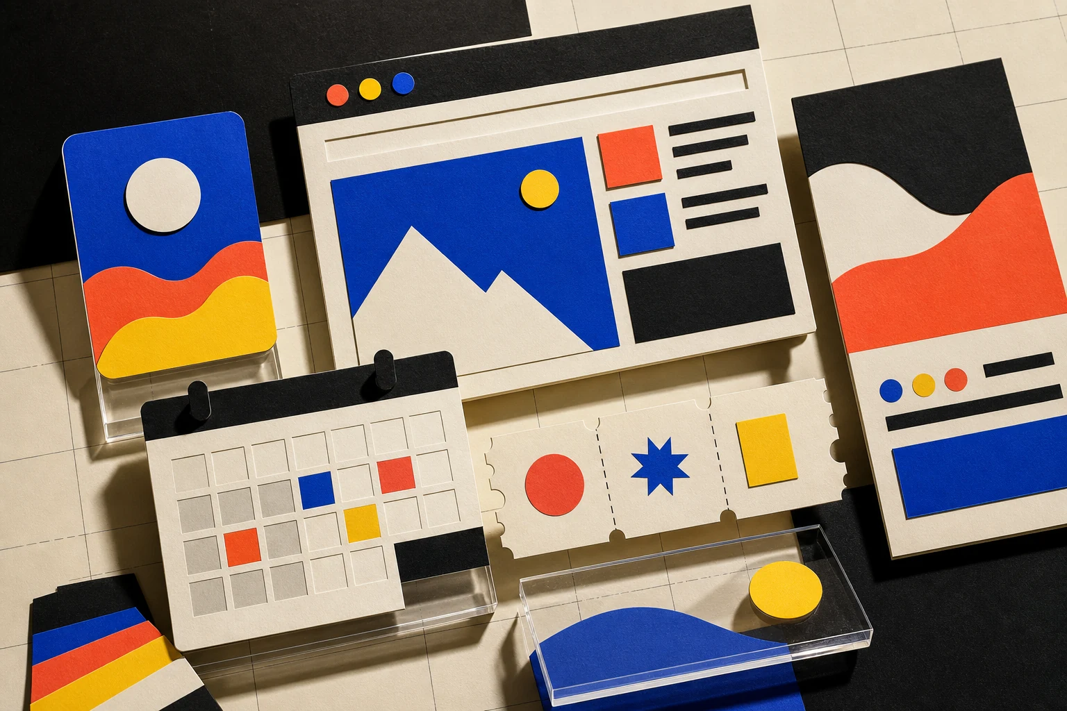 Hand-built paper and acrylic models of websites, apps, booking systems and raffle tools